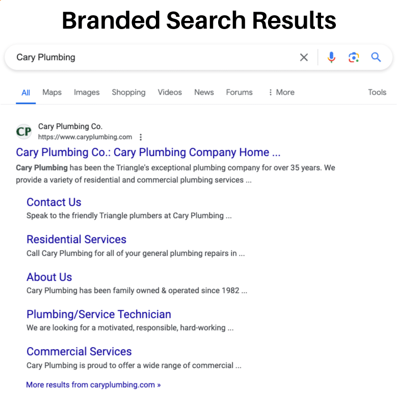 Local SEO 101: How to Grow Your Service Area Business image Cary Plumber in Cary NC Branded Search Results - Screenshot from Google