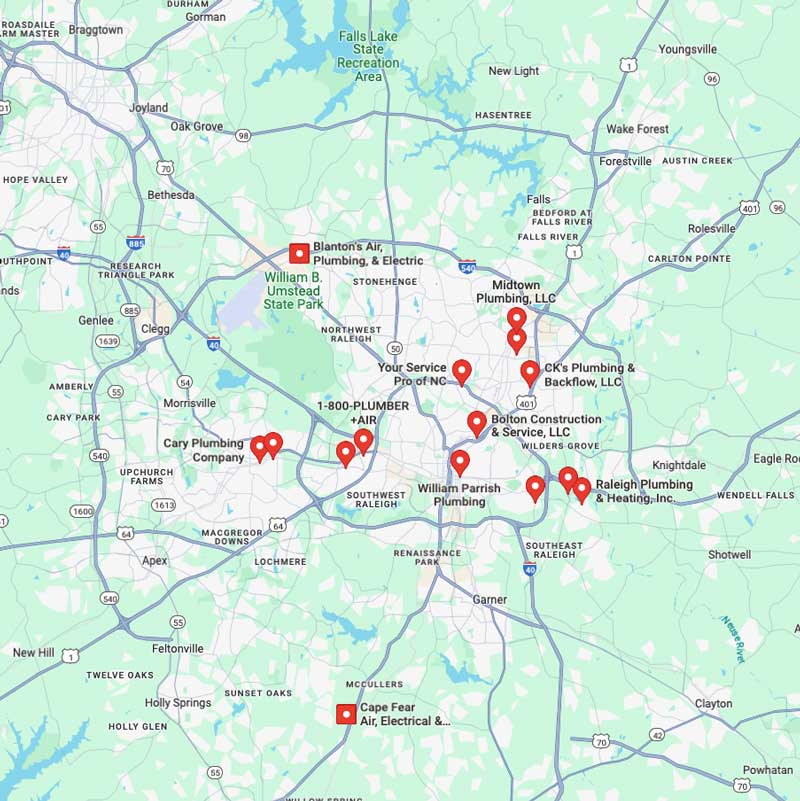 Local SEO 101: How to Grow Your Service Area Business image Raleigh NC Plumber in Google Maps - Screenshot from Google