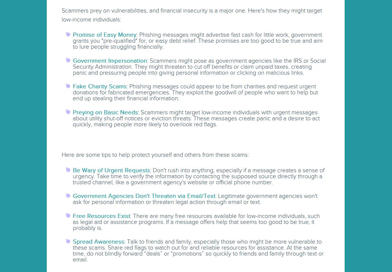 Informational guide listing common scam tactics targeting low-income individuals and tips to avoid them, including urgent request warnings and government impersonation.