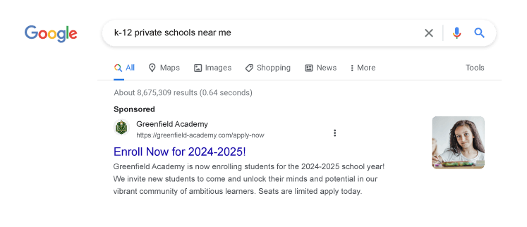 Greenfield Academy our fictional school Google Search ad example.