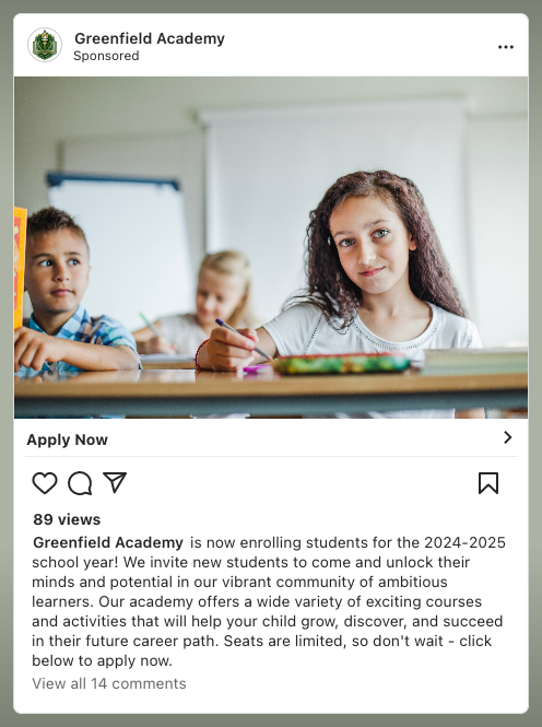 Greenfield Academy our fictional school Facebook ad example.