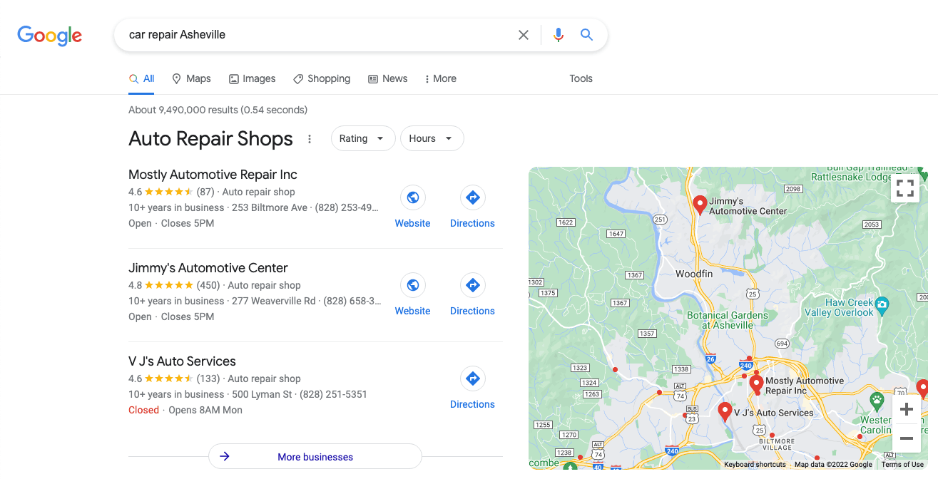 Google search for "Car Repair Asheville" map pack view