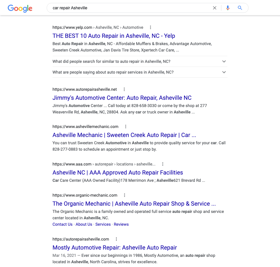Google search for "Car Repair Asheville"