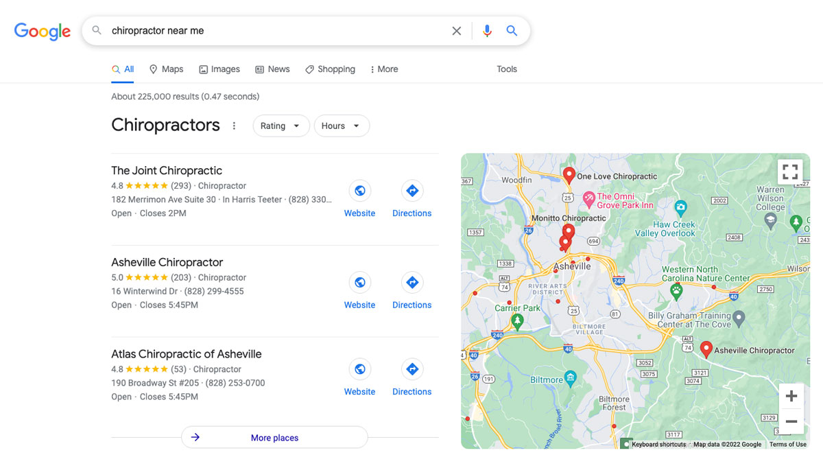 Chiropractor in Near Me (Asheville NC) - Google SERPs
